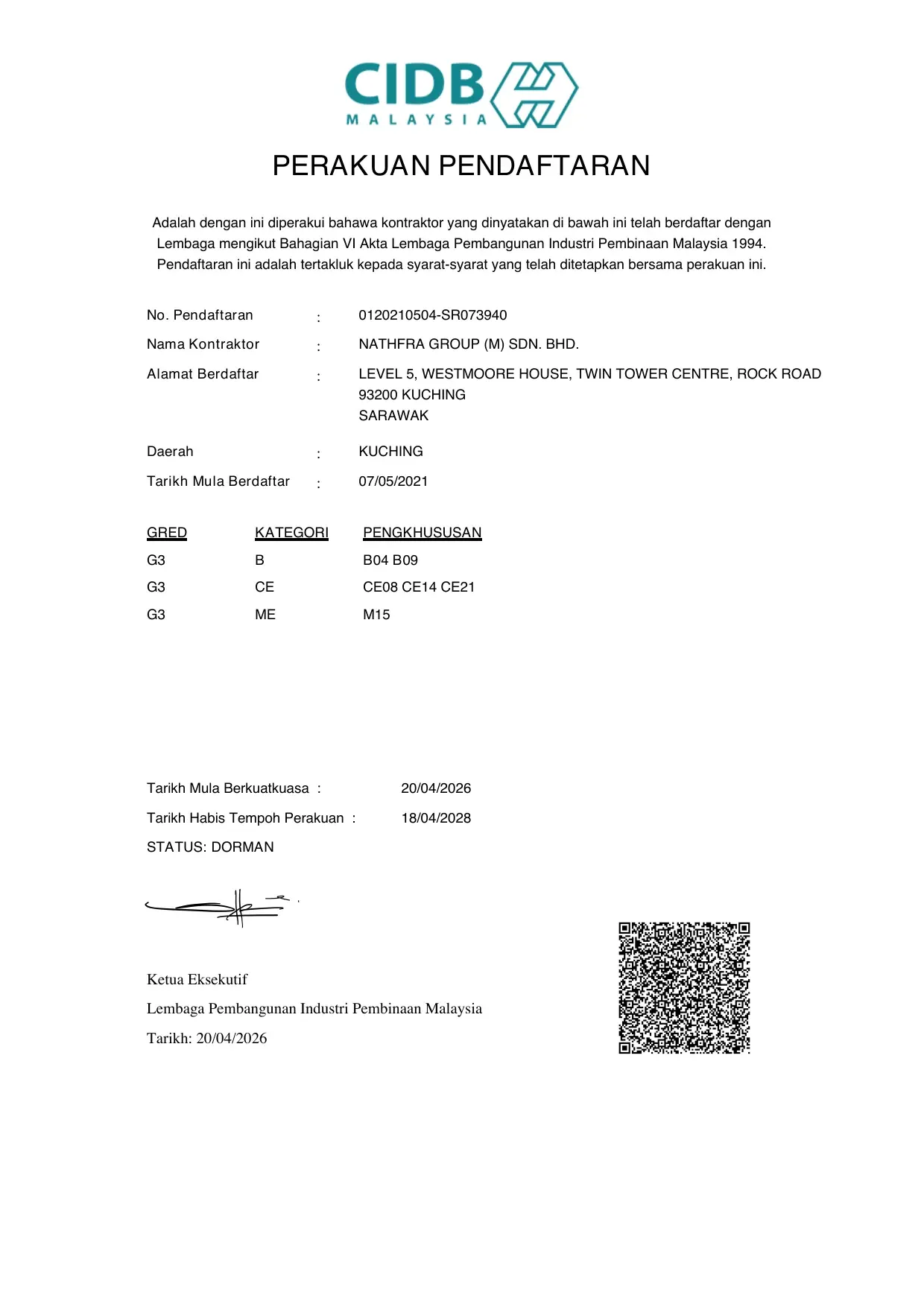 CIDB Perakuan Pendaftaran for NATHFRA GROUP (M) SDN. BHD., registration 0120210504-SR073940, grade G3 in categories B, CE and ME, valid to 18 April 2028