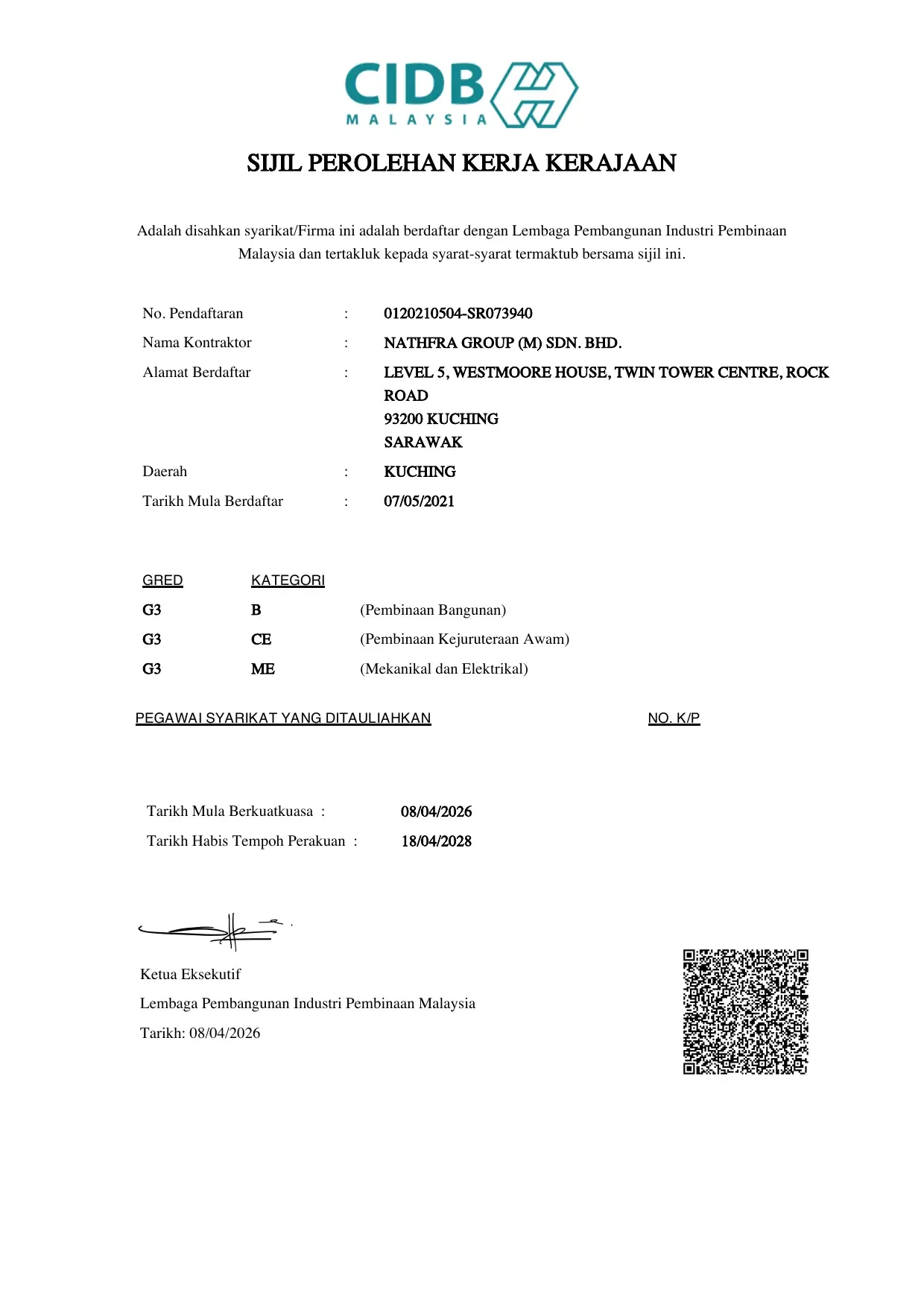 CIDB Sijil Perolehan Kerja Kerajaan for NATHFRA GROUP (M) SDN. BHD., registration 0120210504-SR073940, grade G3 in categories B, CE and ME, valid to 18 April 2028