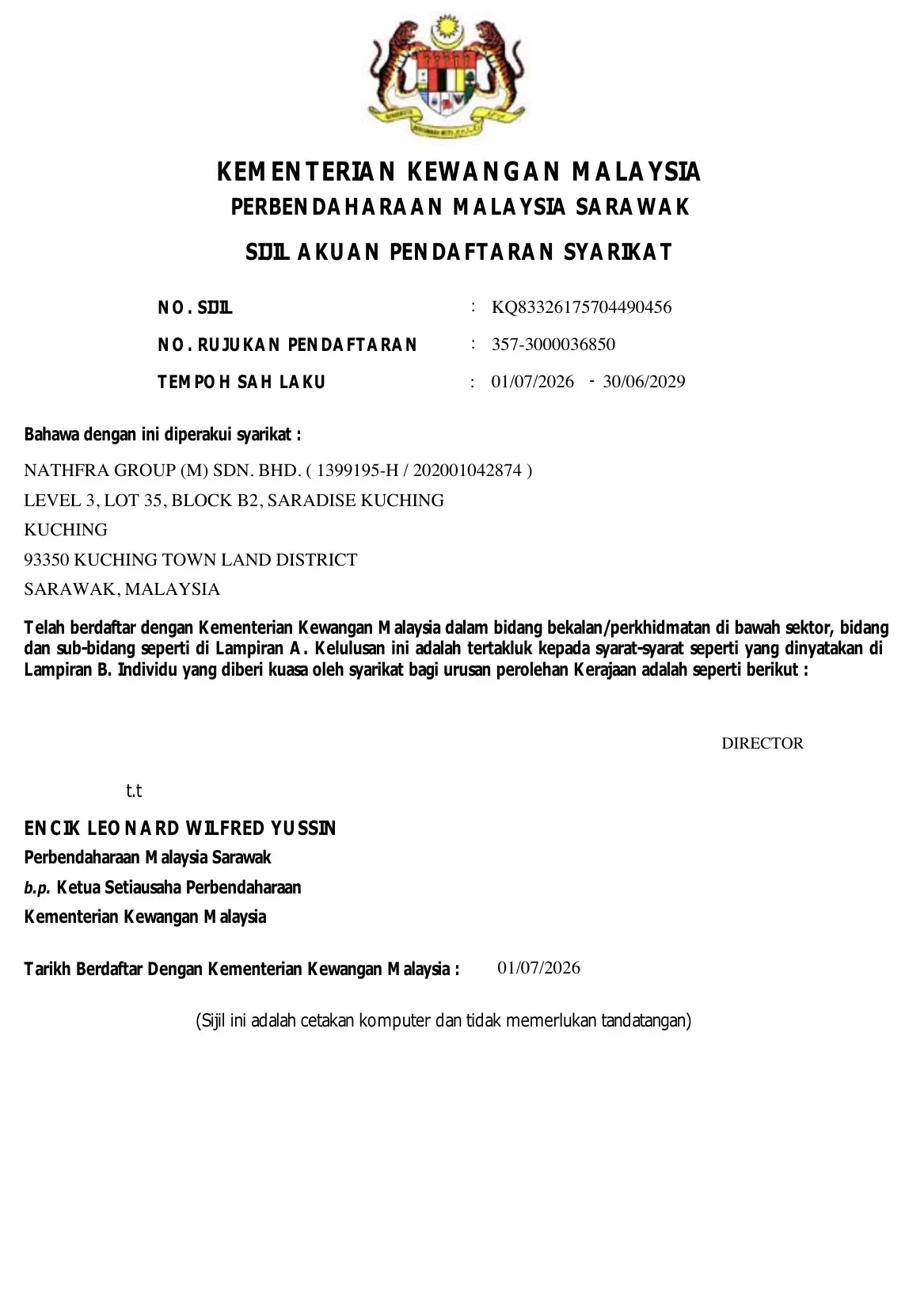 Ministry of Finance Malaysia certificate of company registration for NATHFRA GROUP (M) SDN. BHD., reference 357-3000036850, valid 1 July 2026 to 30 June 2029