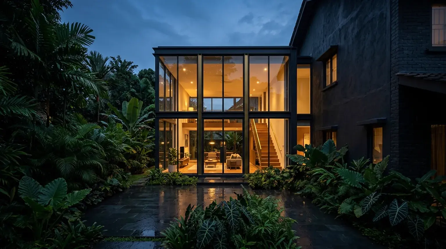 Double-height glazed rear extension joined to the dark masonry of the original house, lit from inside at dusk.