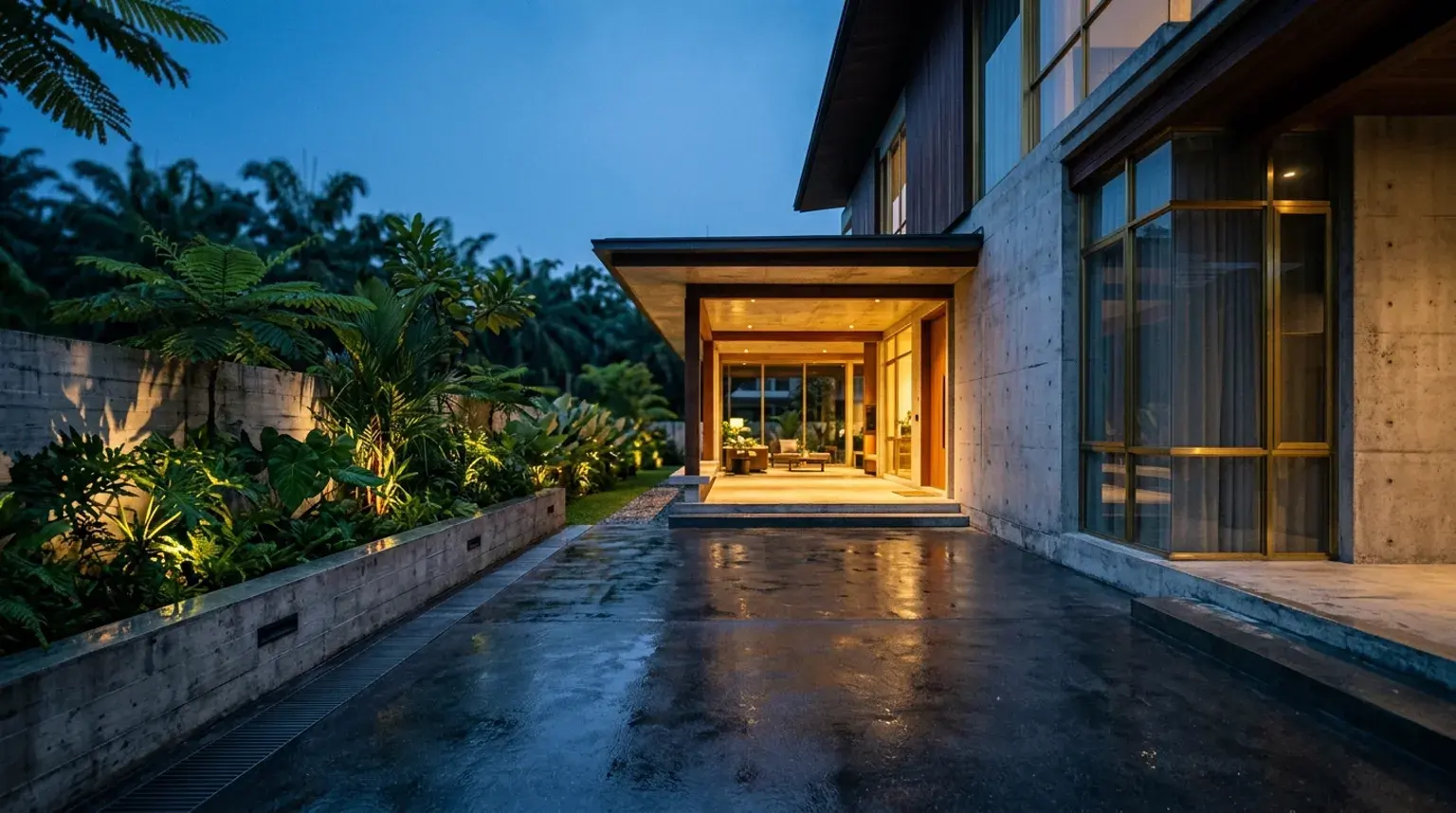 Side driveway and covered entrance after external works — concrete apron, board-marked retaining wall and a linear drainage channel.