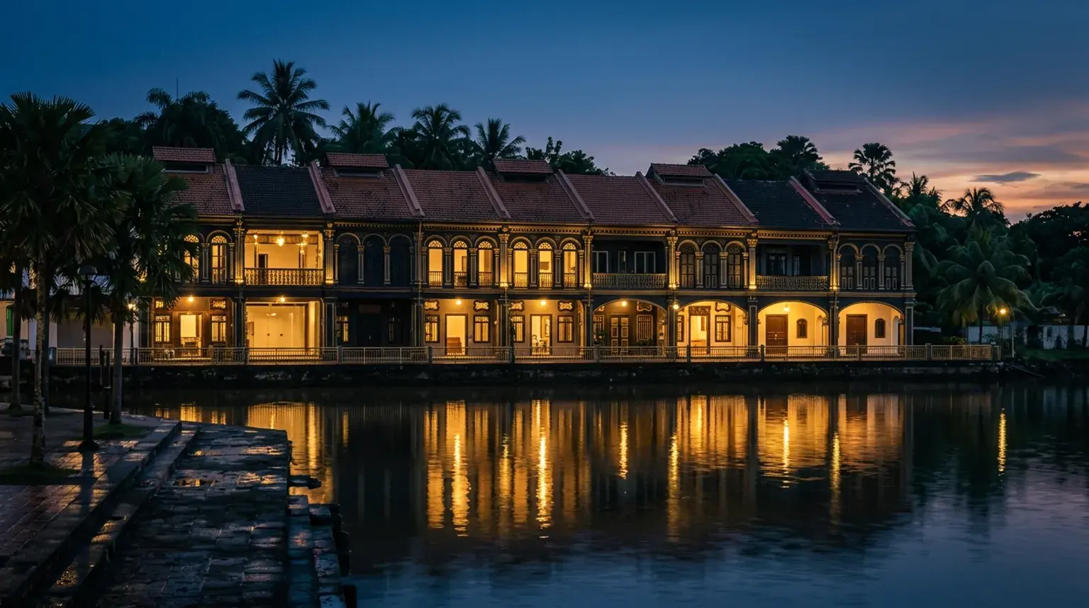 Restored heritage shophouse terrace along the Kuching waterfront at blue hour, timber shutters and carved fretwork lit from within.