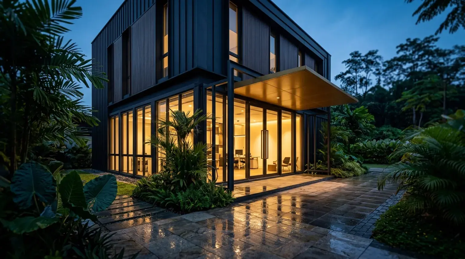 Two-storey office building at blue hour, dark timber cladding above a fully glazed ground floor with the workspace lit inside.
