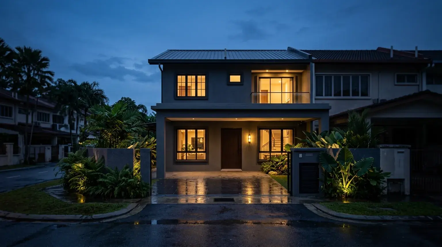 Double-storey terrace house in Kuching at dusk after full renovation, new metal roof, rendered facade and a resurfaced driveway.