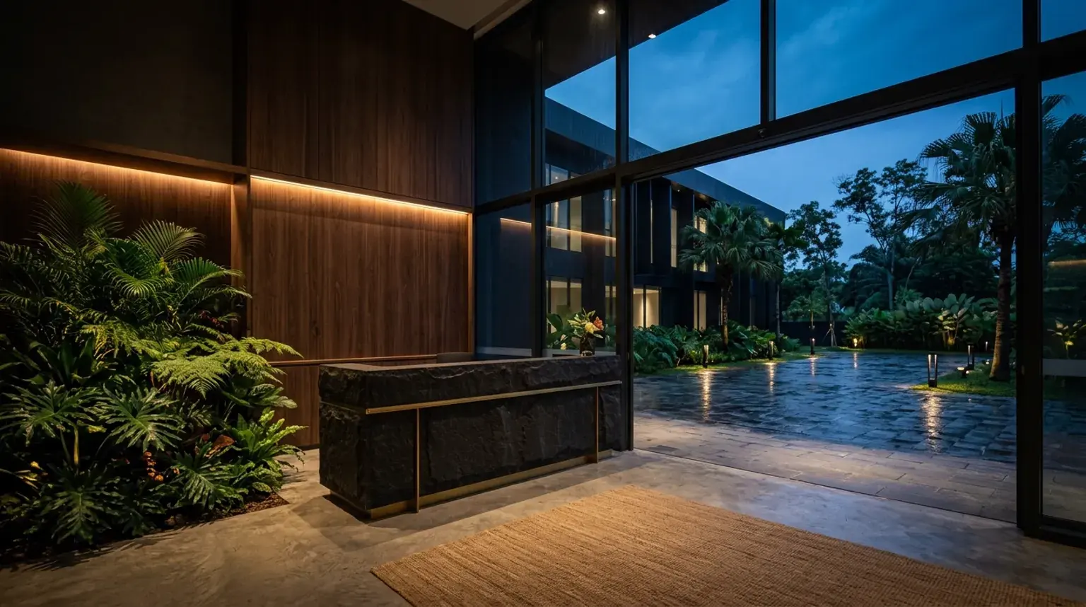 Reception inside the office, stone counter with a brass rail, timber wall panelling and full-height glazing to the forecourt.