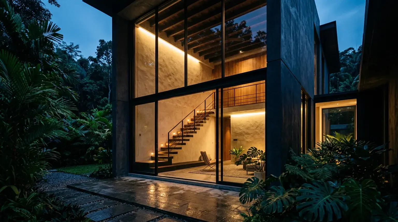 Double-height entrance hall inside a new extension, floating timber stair against a plastered wall.
