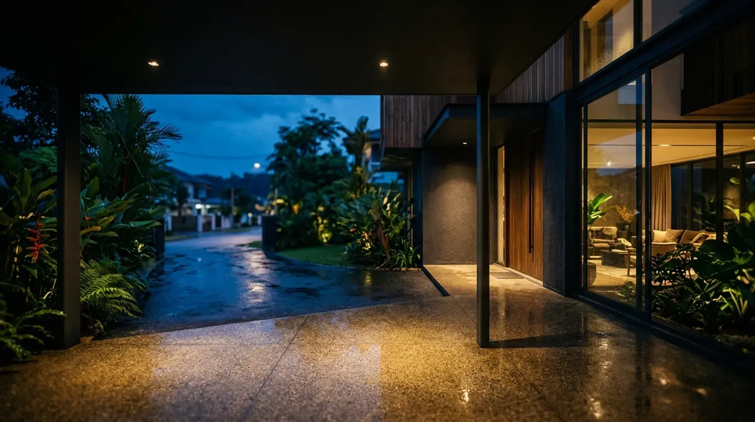 Car porch looking out to the street at dusk, terrazzo apron draining to the road and planting either side.
