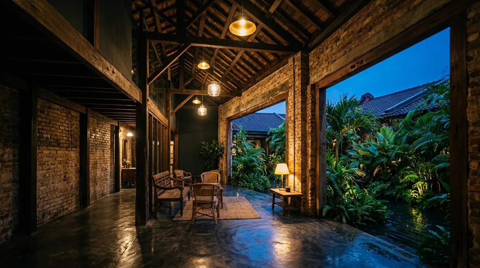 Heritage courtyard interior after restoration — exposed brick walls, an original timber roof truss and a polished concrete floor opening onto planting.