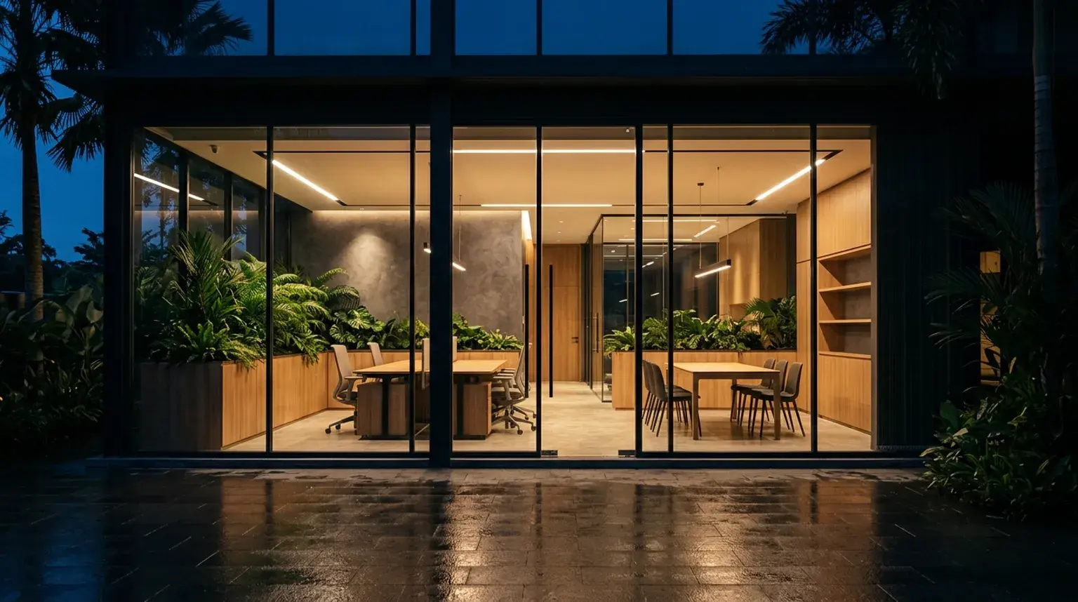 Office fit-out seen through the glazed frontage — meeting rooms, veneer joinery, planter boxes and recessed linear lighting.