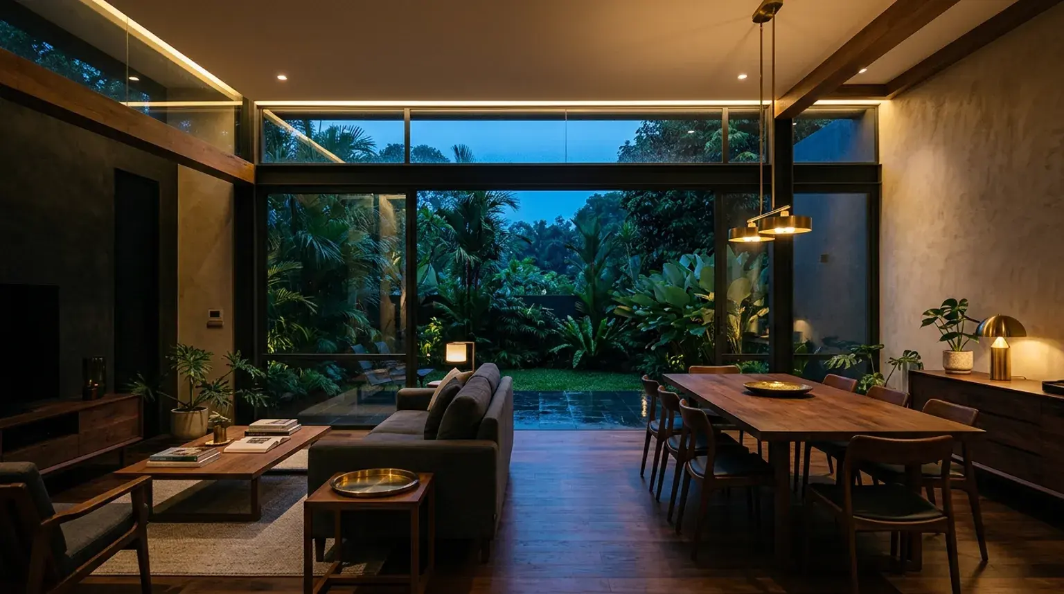 Open-plan living and dining room after renovation, full-height glazing onto a garden, timber floor and a plastered feature wall.