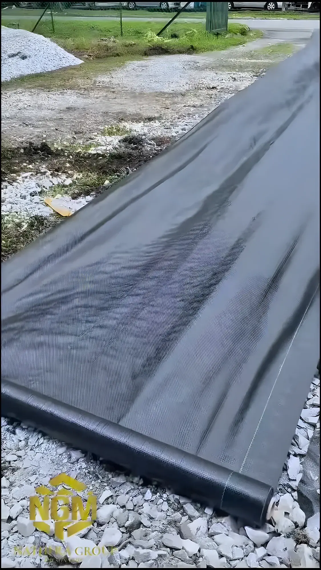 Geotextile membrane laid over the levelled ground before the gravel goes down.
