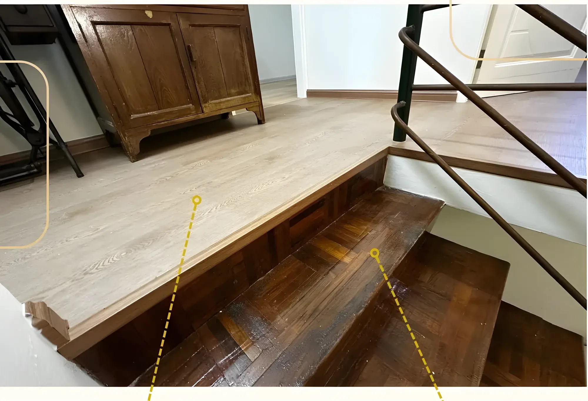 Landing where the new SPC flooring meets the original timber stair treads.